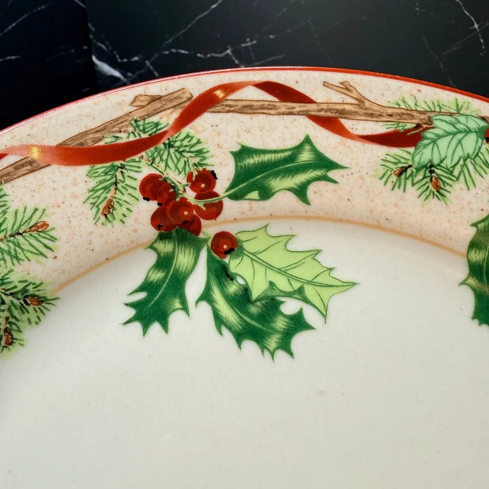 Block Basics Festive Ribbon Christmas Dinner Plates Set of 4 Holly Pine Plates